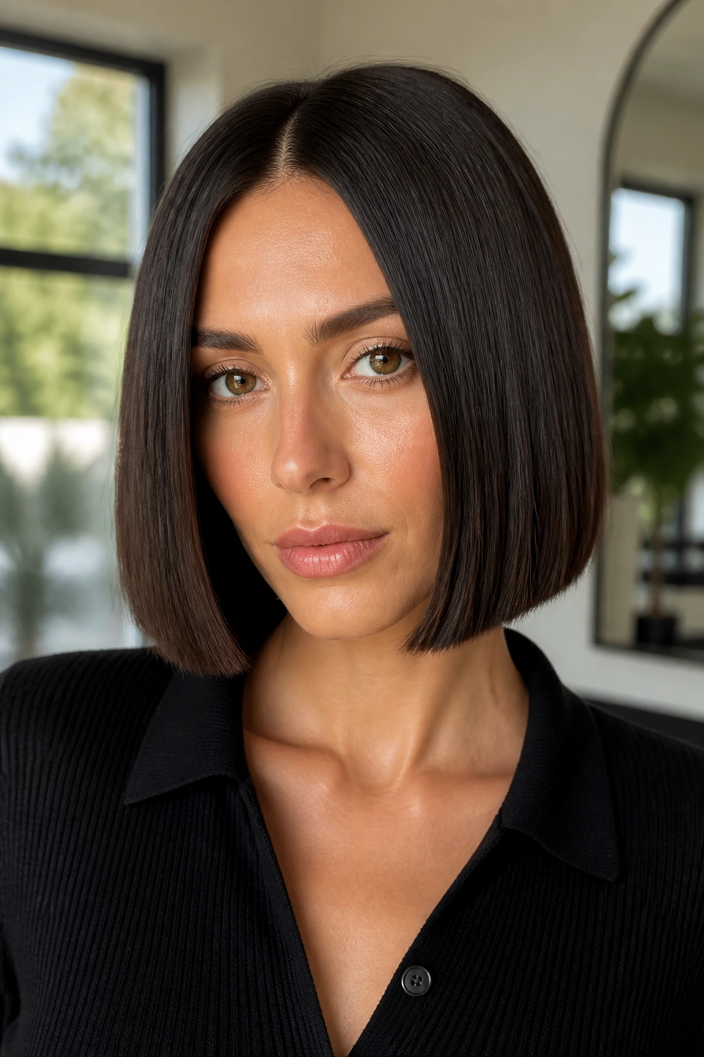 Real woman with sleek, glossy center-part bob in bright interior.
