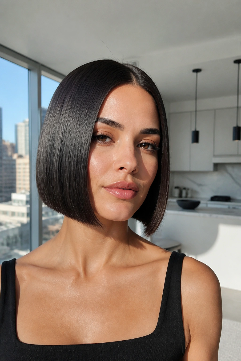 Close-up portrait of a real woman with a sleek center-part bob under bright daylight