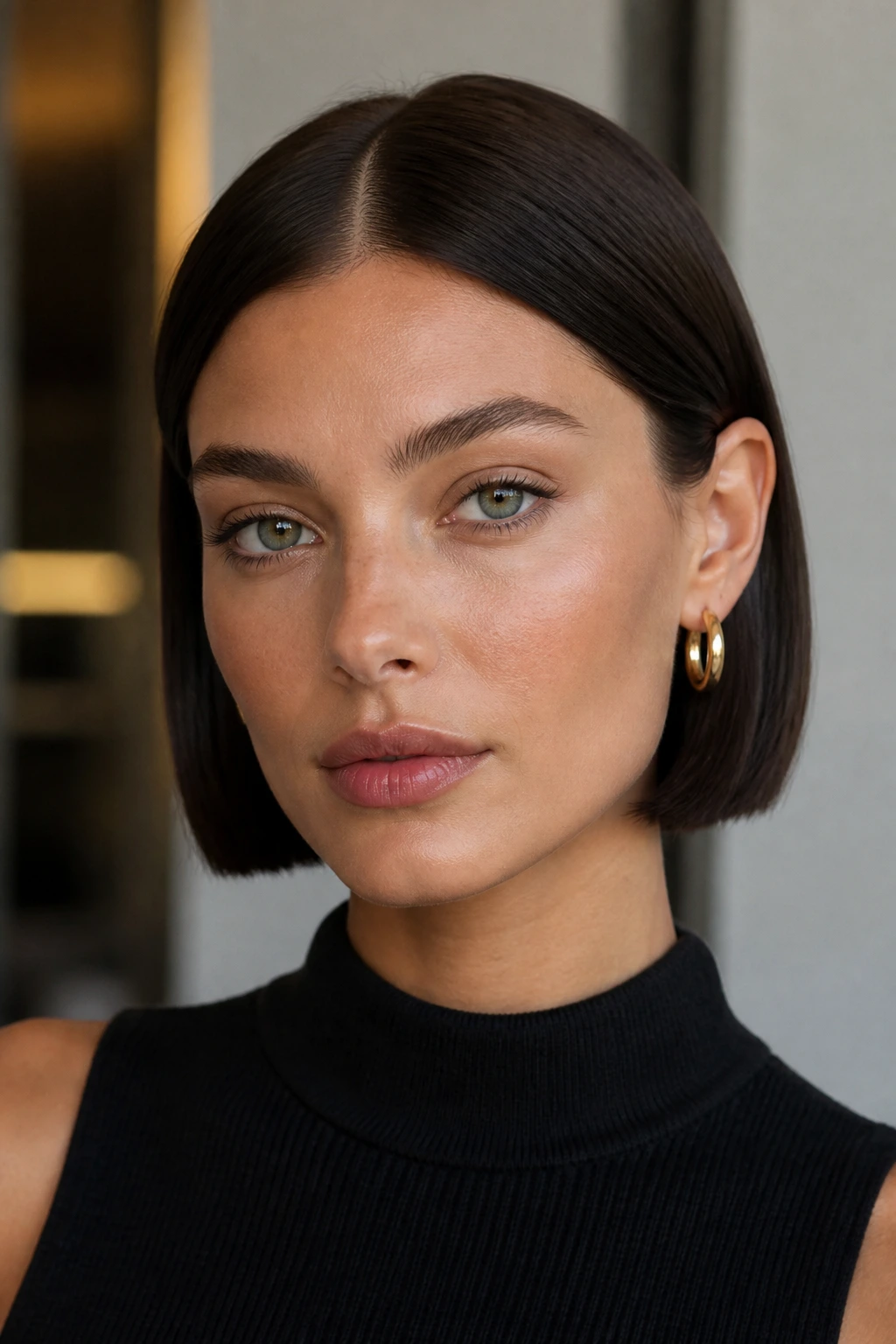 Portrait of a woman with a sleek center-part bob and tucked ends