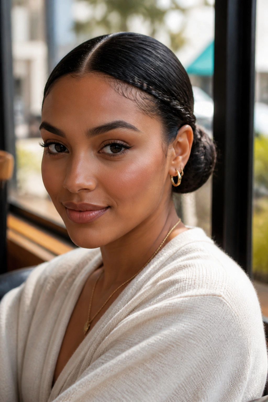 Portrait of real woman with sleek center-part twisted bun in natural daylight.