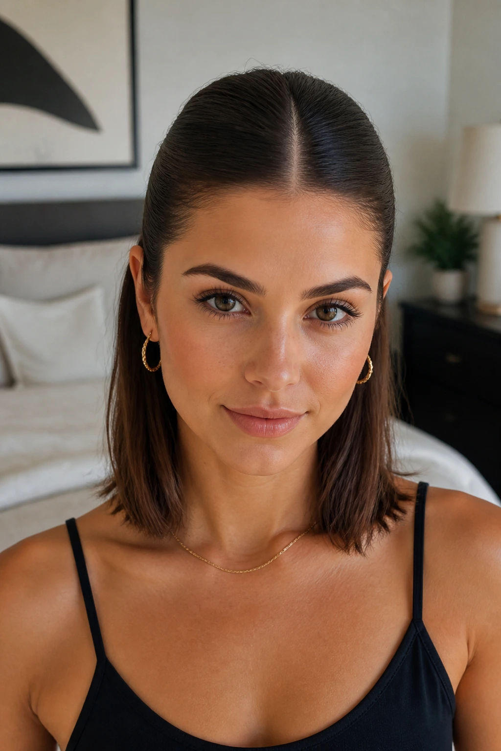 Close-up of a real woman with a sleek center-part half-up hairstyle