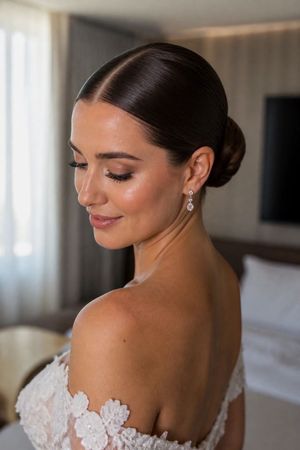 Close-up of a bride with a sleek center-part knot