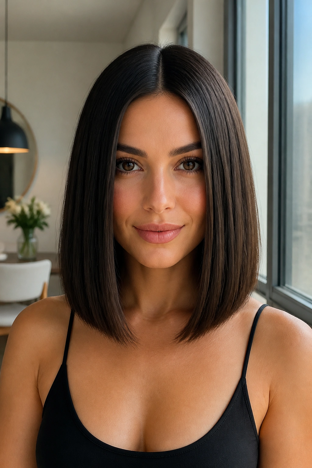 Close-up of a woman with a sleek center-part lob