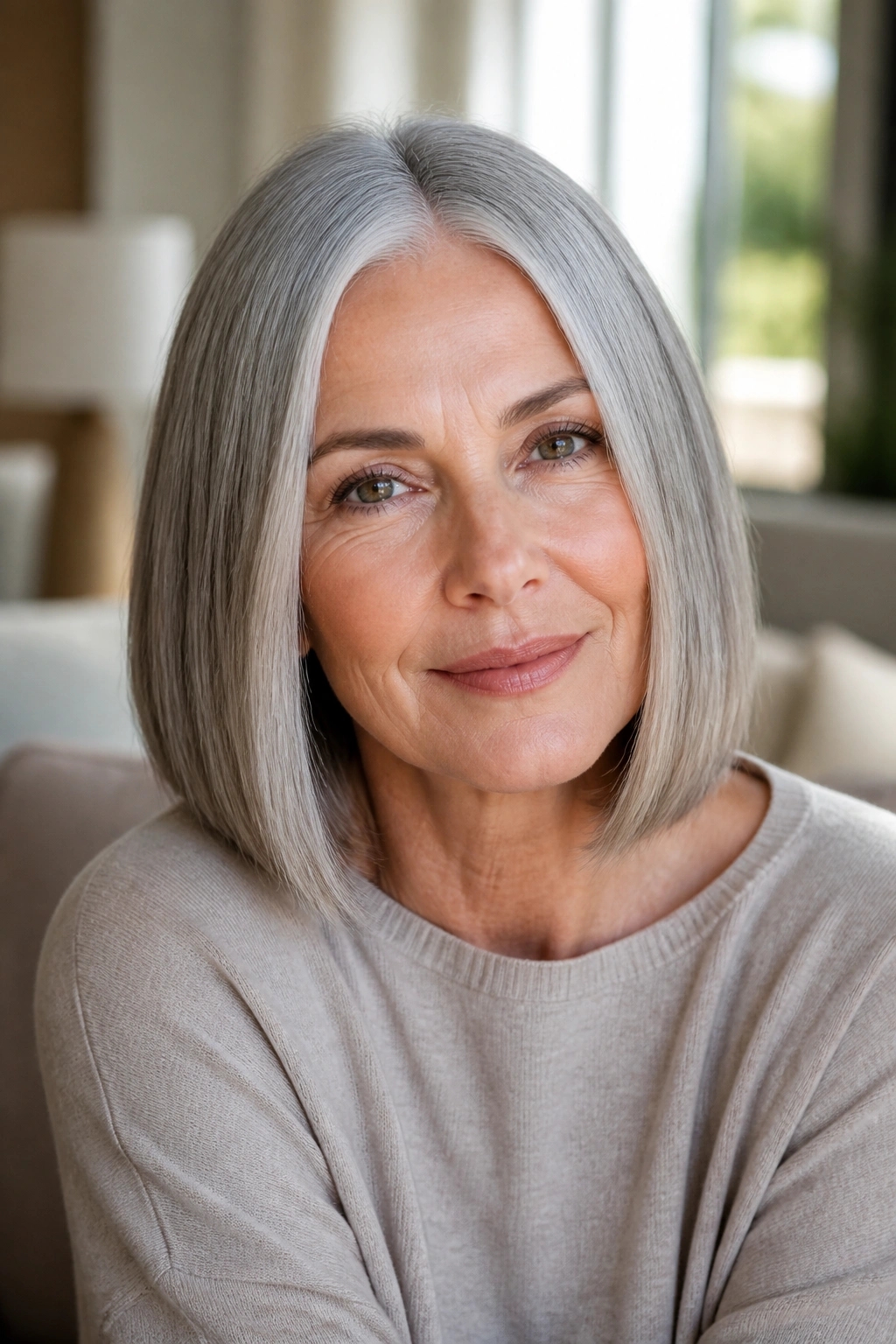 Close-up of an older woman with gray sleek center-part lob under natural window light