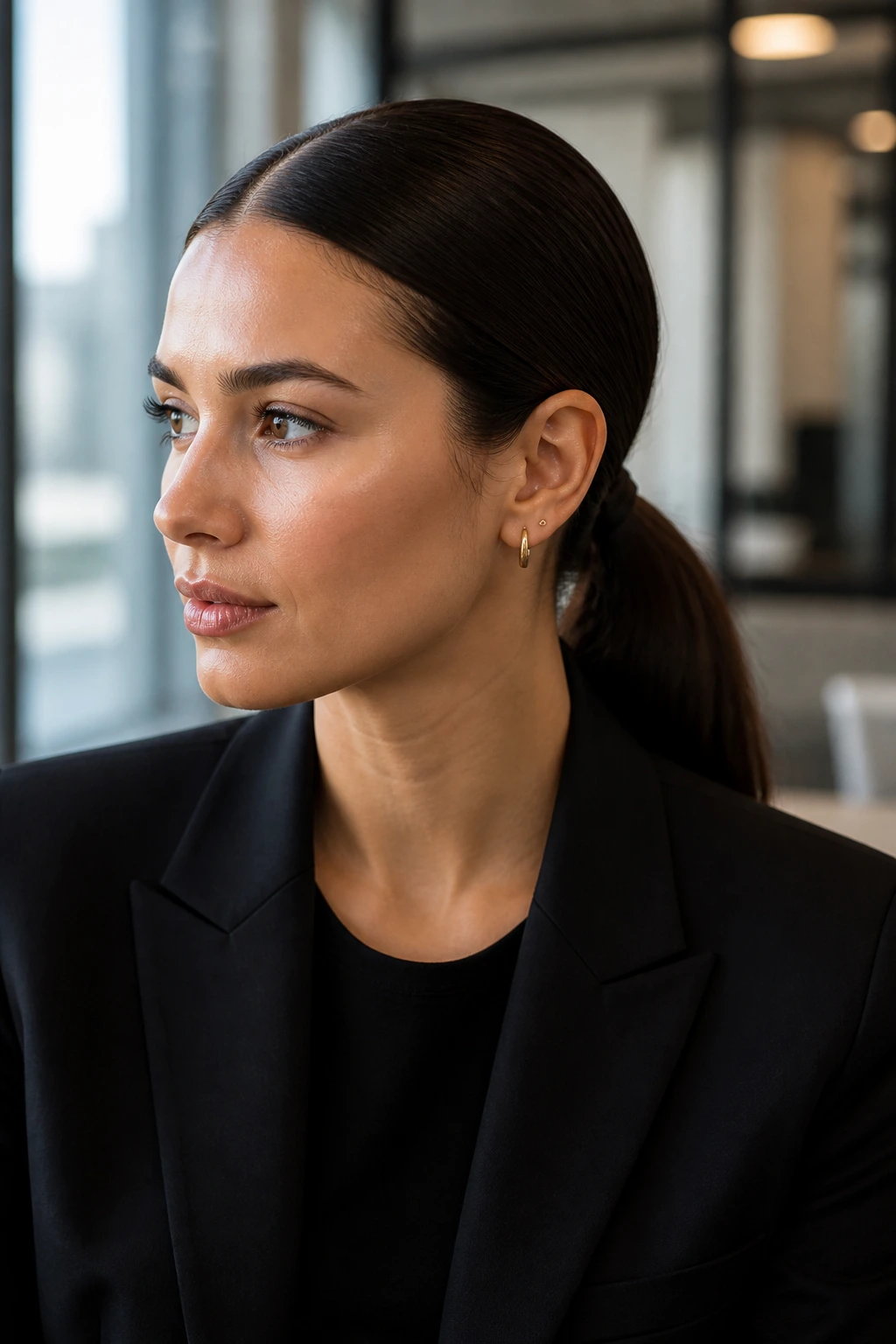 Close-up of a woman with a sleek center-parted low pony at the nape in an office setting