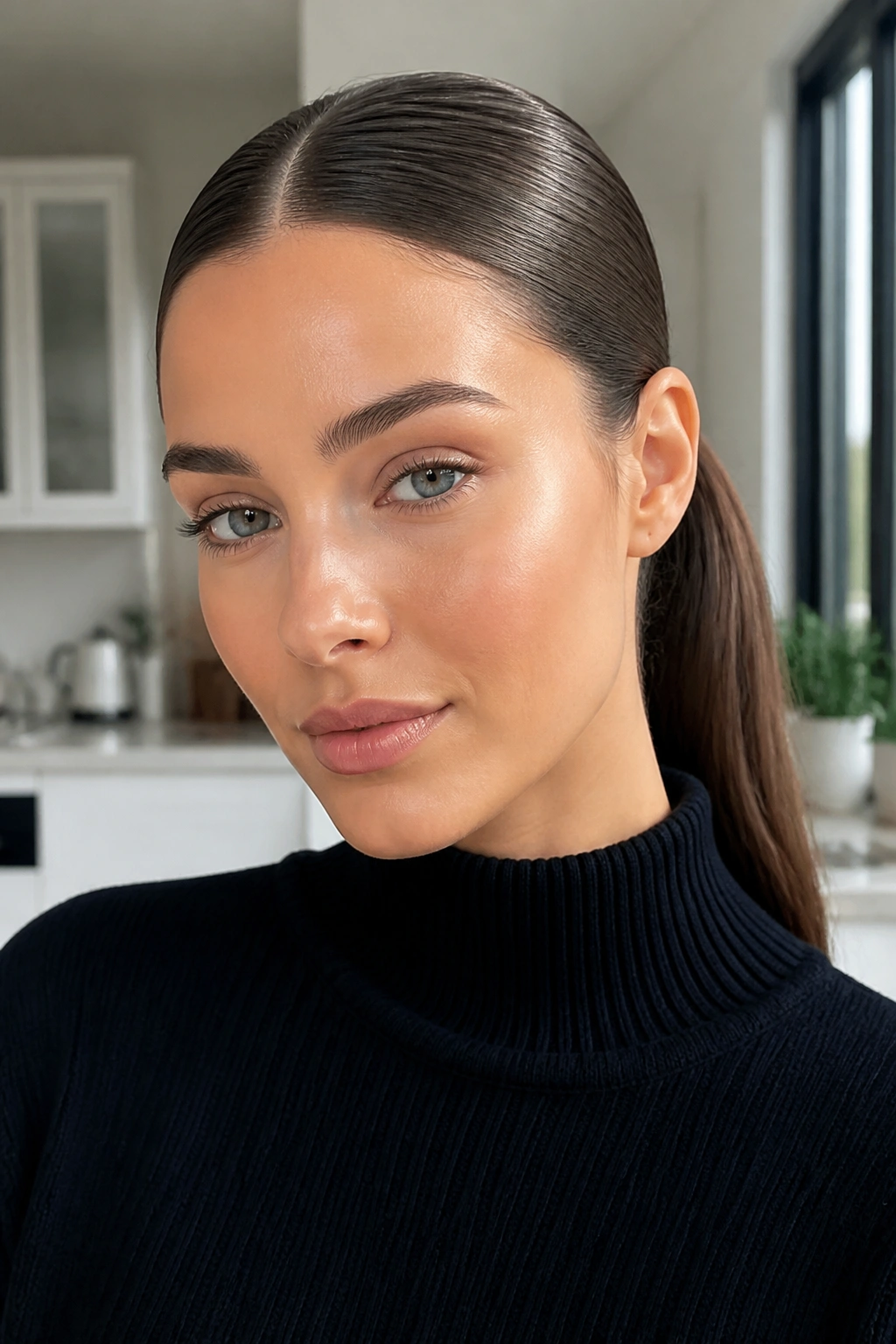 Close-up of a real woman with a sleek center-part ponytail