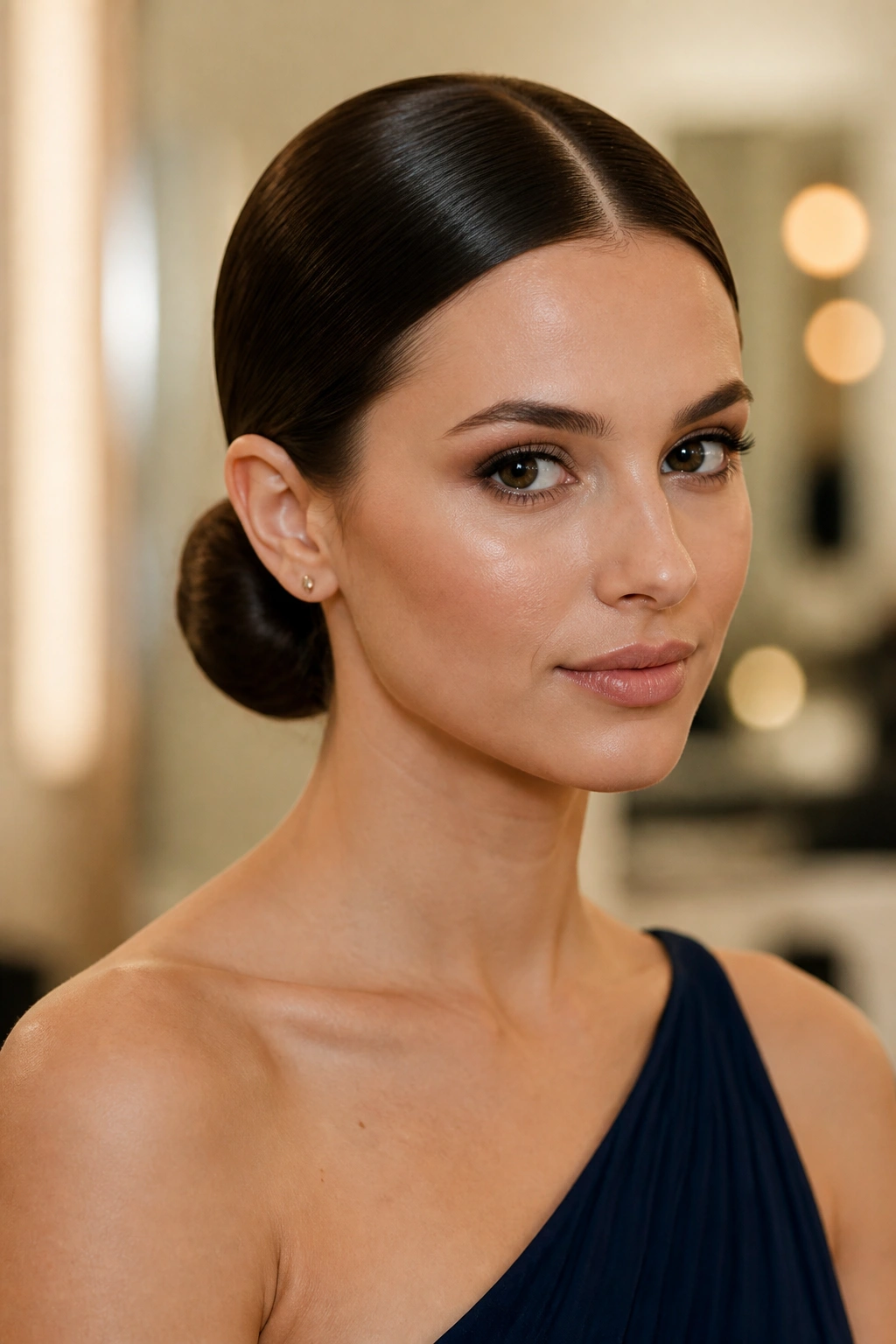 Close-up portrait of a real woman with a sleek center-part low bun