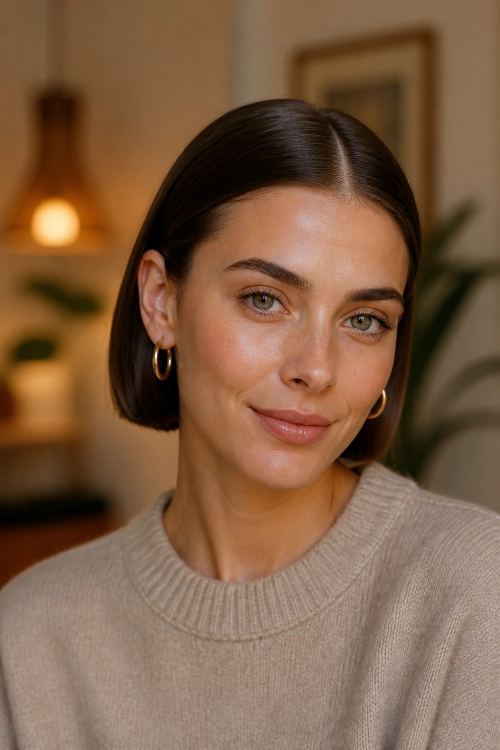 Close-up of a real woman with a sleek center-parted hairstyle tucked ends