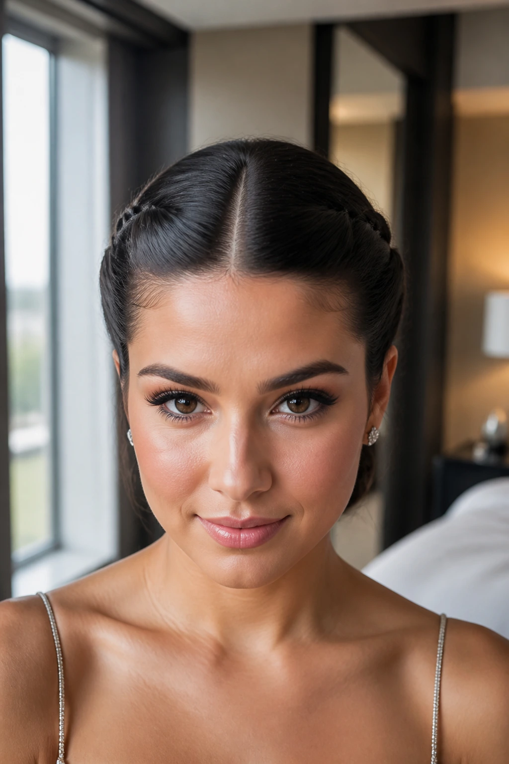 Close-up portrait of a real woman with a sleek center-part twist updo.