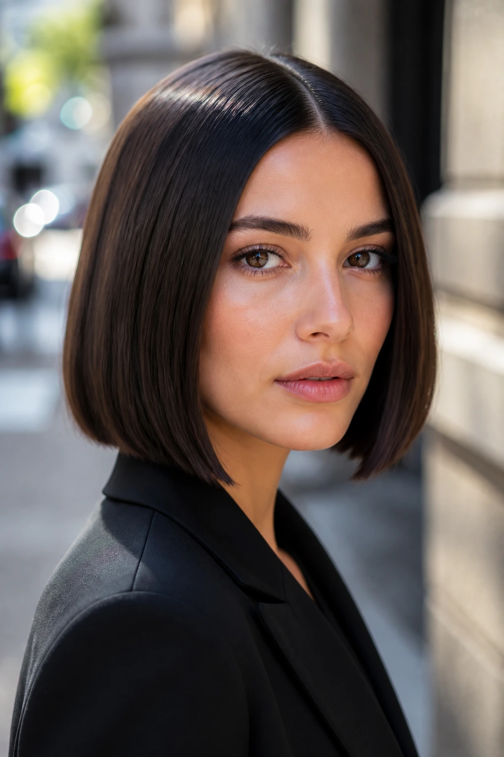 Close-up of a real person with a sleek center-parted bob in city light