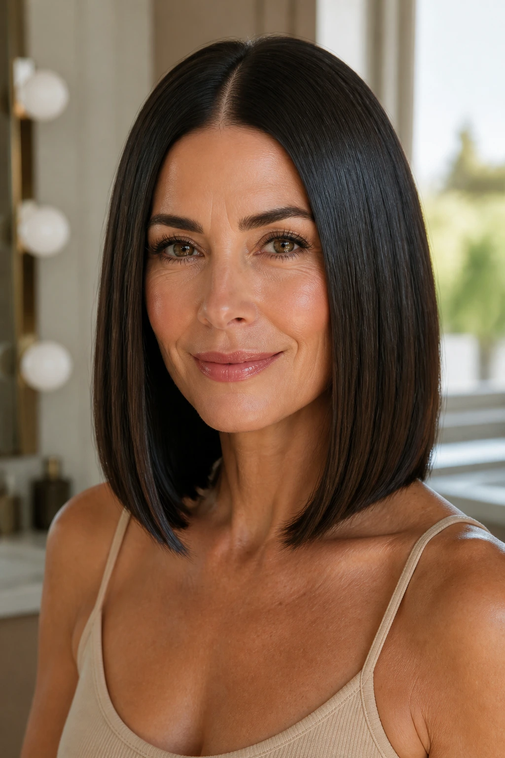 Close-up portrait of a real woman with a sleek center-parted lob and glossy shine