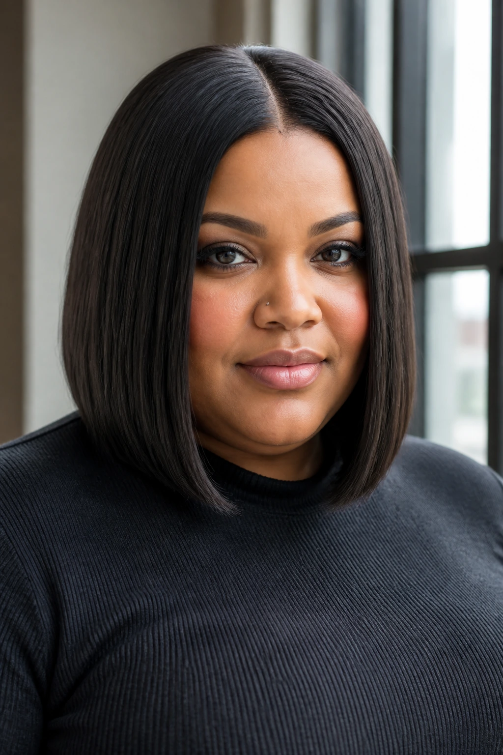 Real woman with a sleek center-parted lob in natural light