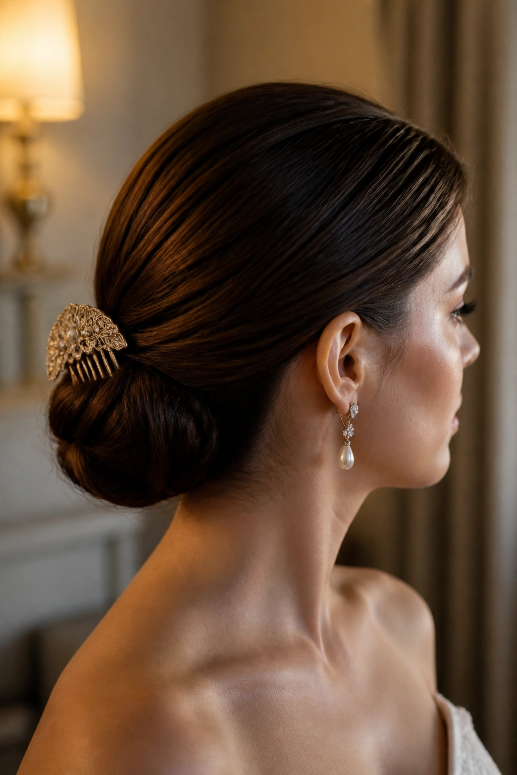Close-up of a woman wearing a sleek chignon with a vintage comb