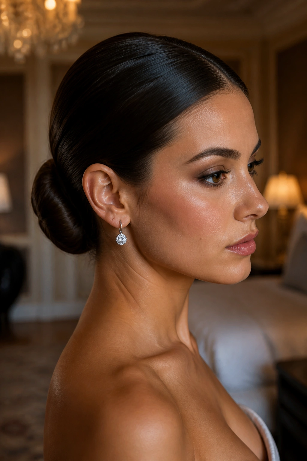 Real woman with a sleek low chignon at the nape in warm hotel-suite lighting