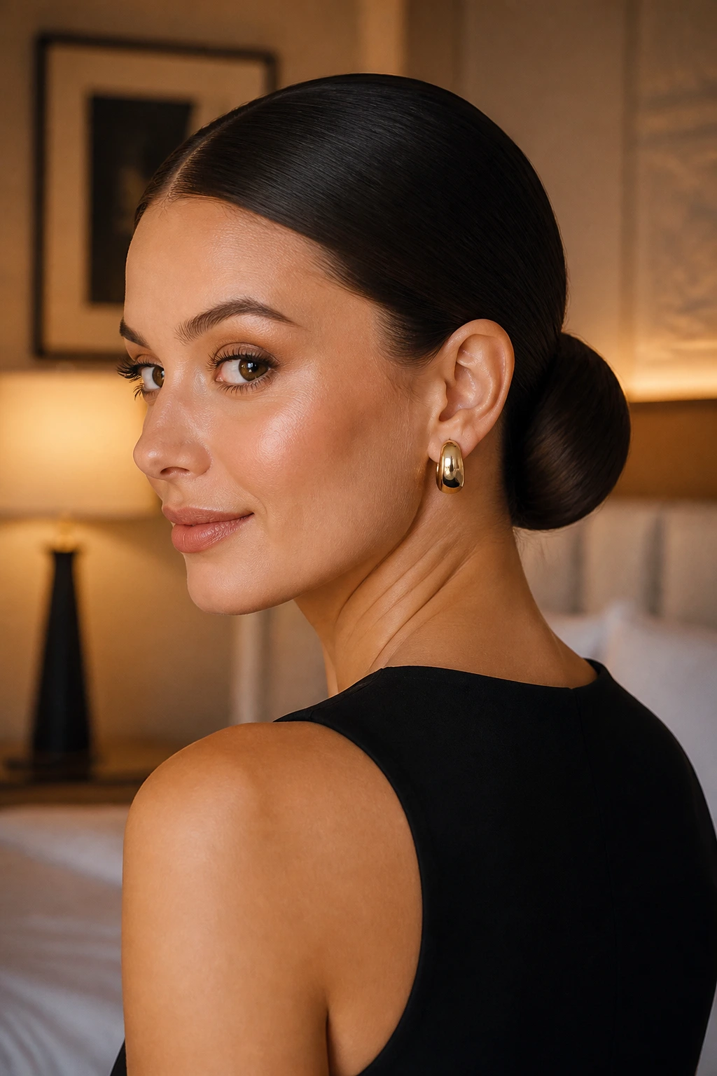 Close-up of a real woman with a sleek low chignon at the nape