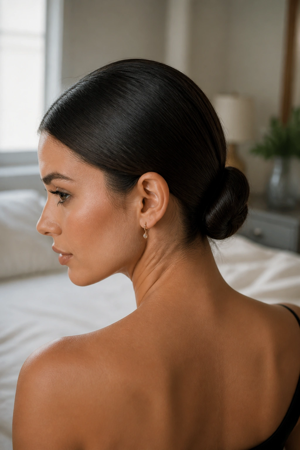 Close-up of a real woman wearing a Sleek Low Chignon at the nape.