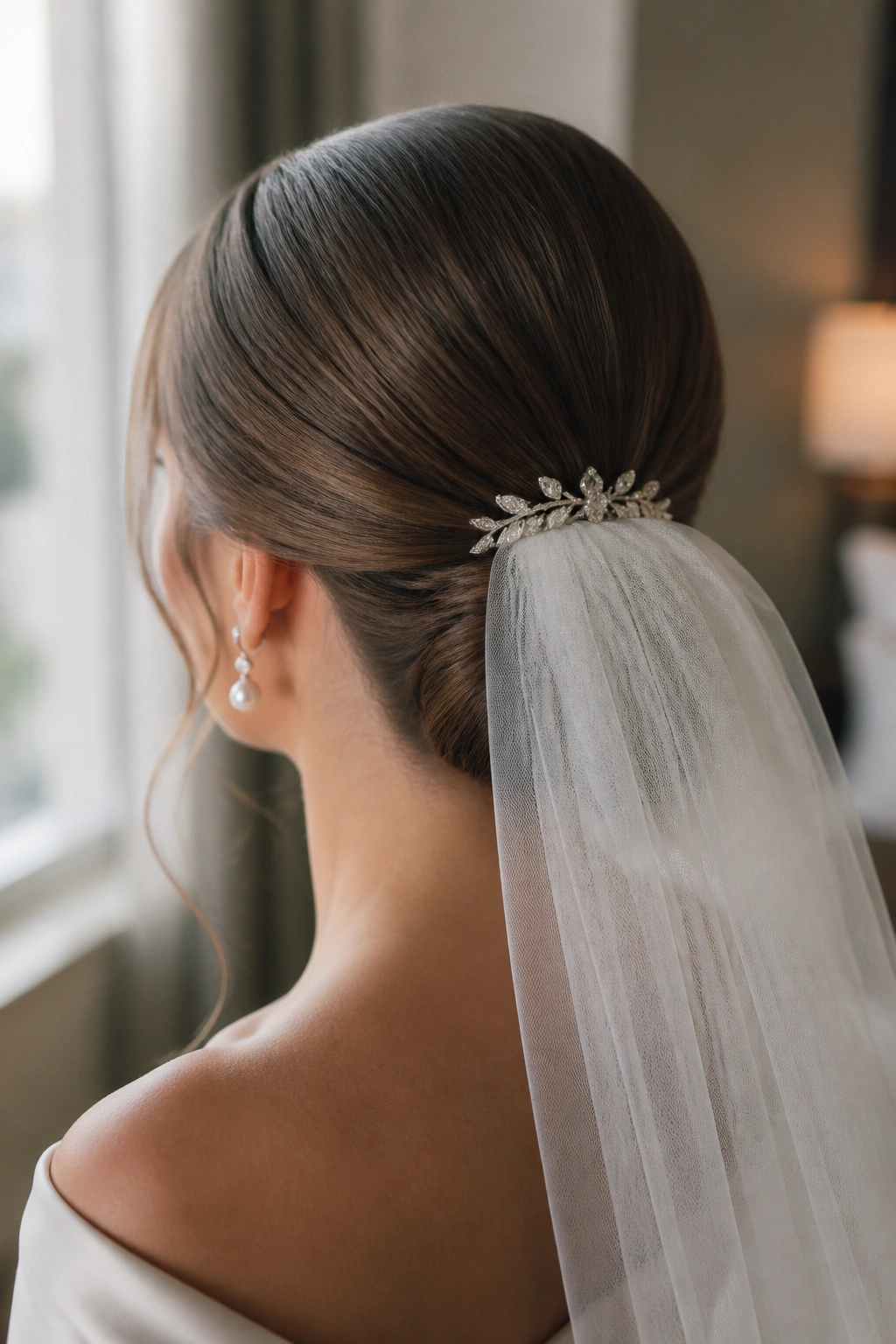 Close-up of a real bride's sleek chignon with veil placement.