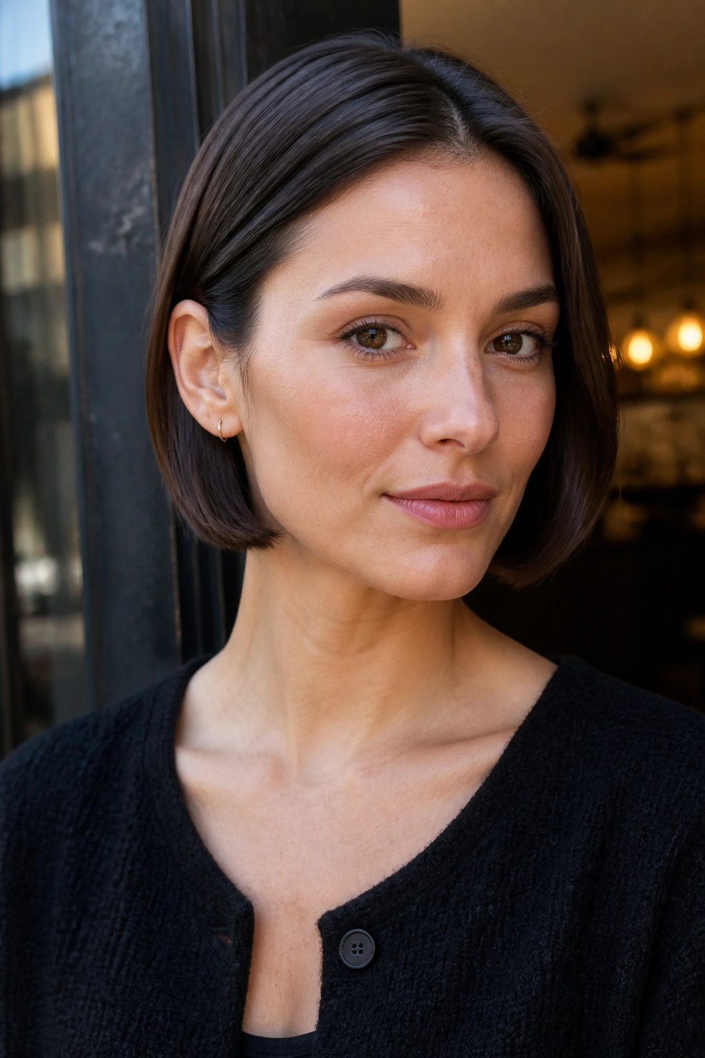Real woman with sleek chin-length bob tucked behind ears