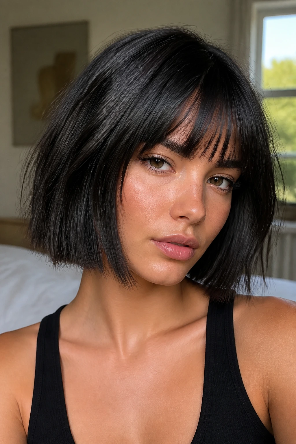 Close-up portrait of a real woman with sleek choppy bob and brow-grazing bangs in warm bedroom light