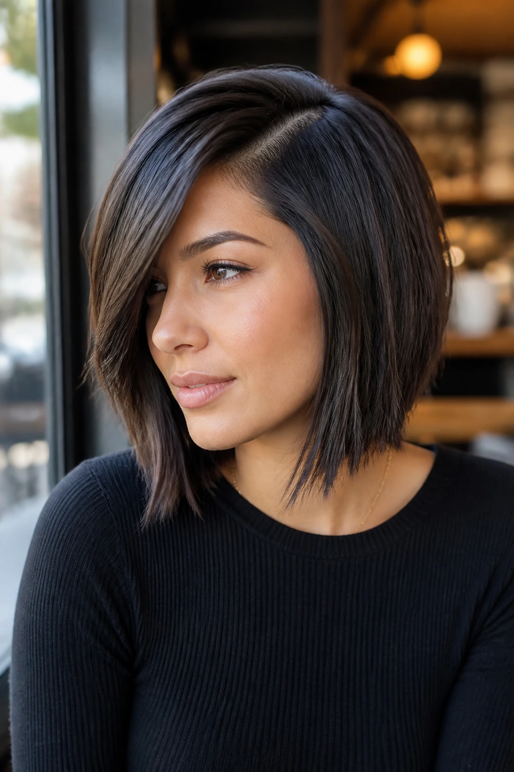 Close-up of a woman with a sleek choppy lob and deep side part in a sunlit cafe.