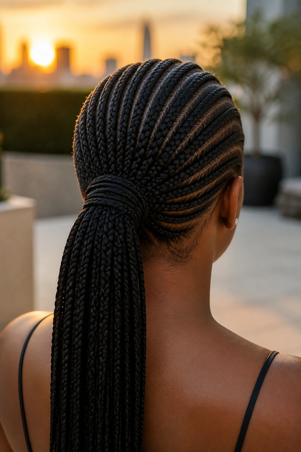 Back-of-head portrait of woman with sleek cornrow ponytail