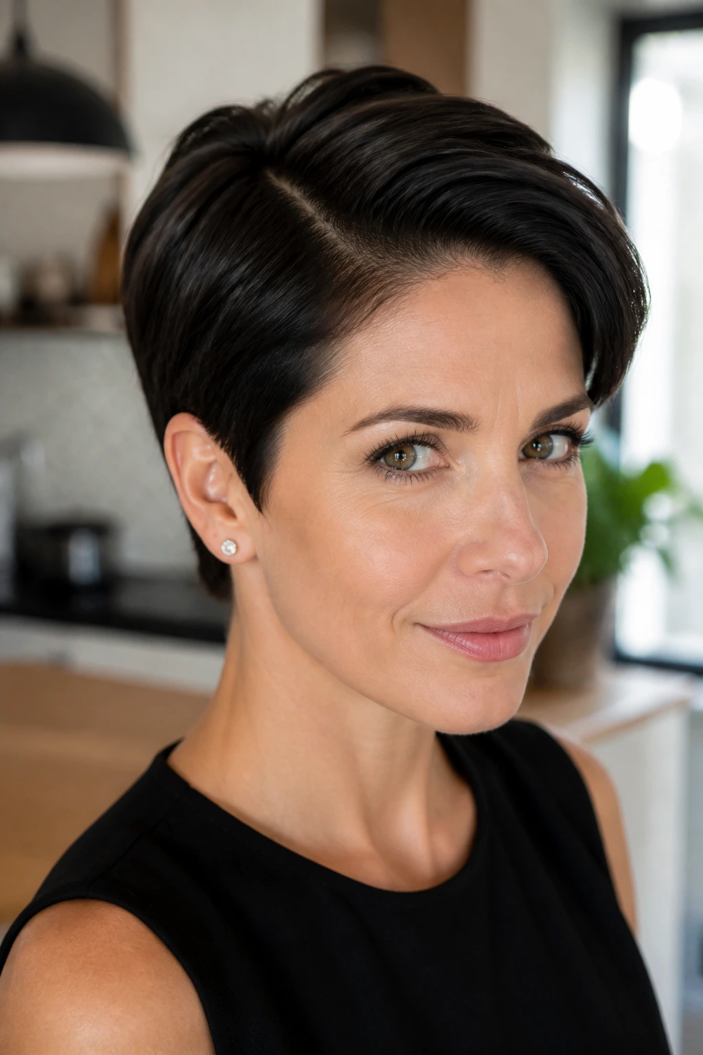 Close-up of a real woman with a sleek crop and deep side part in bright daylight