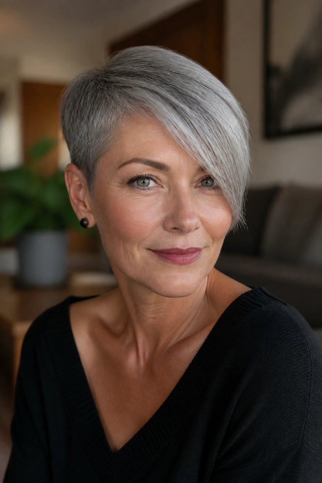 Close-up portrait of a real woman with a sleek crop and deep side sweep on gray hair in a softly lit living room.