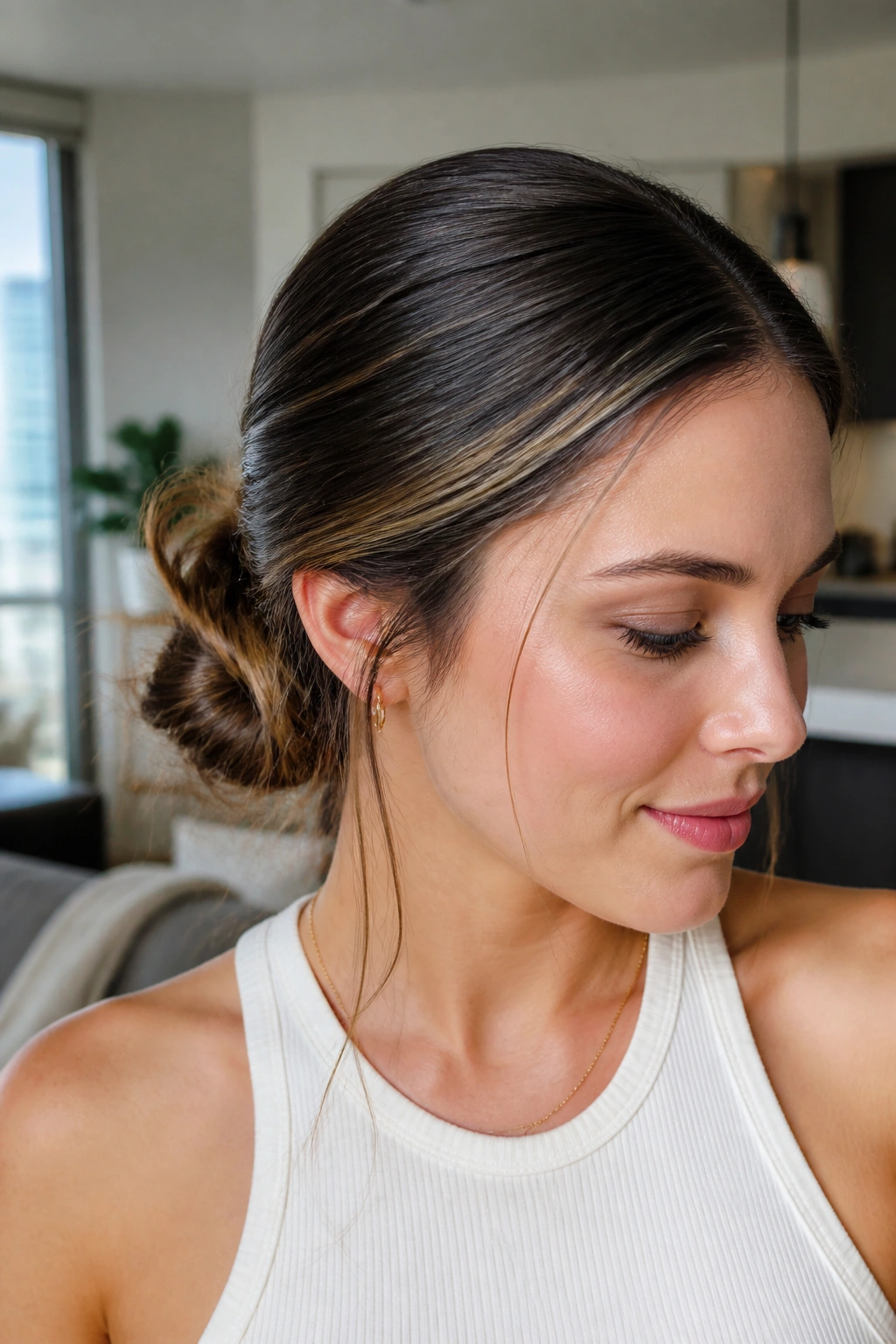Close-up of a woman with a sleek crown and soft side bun