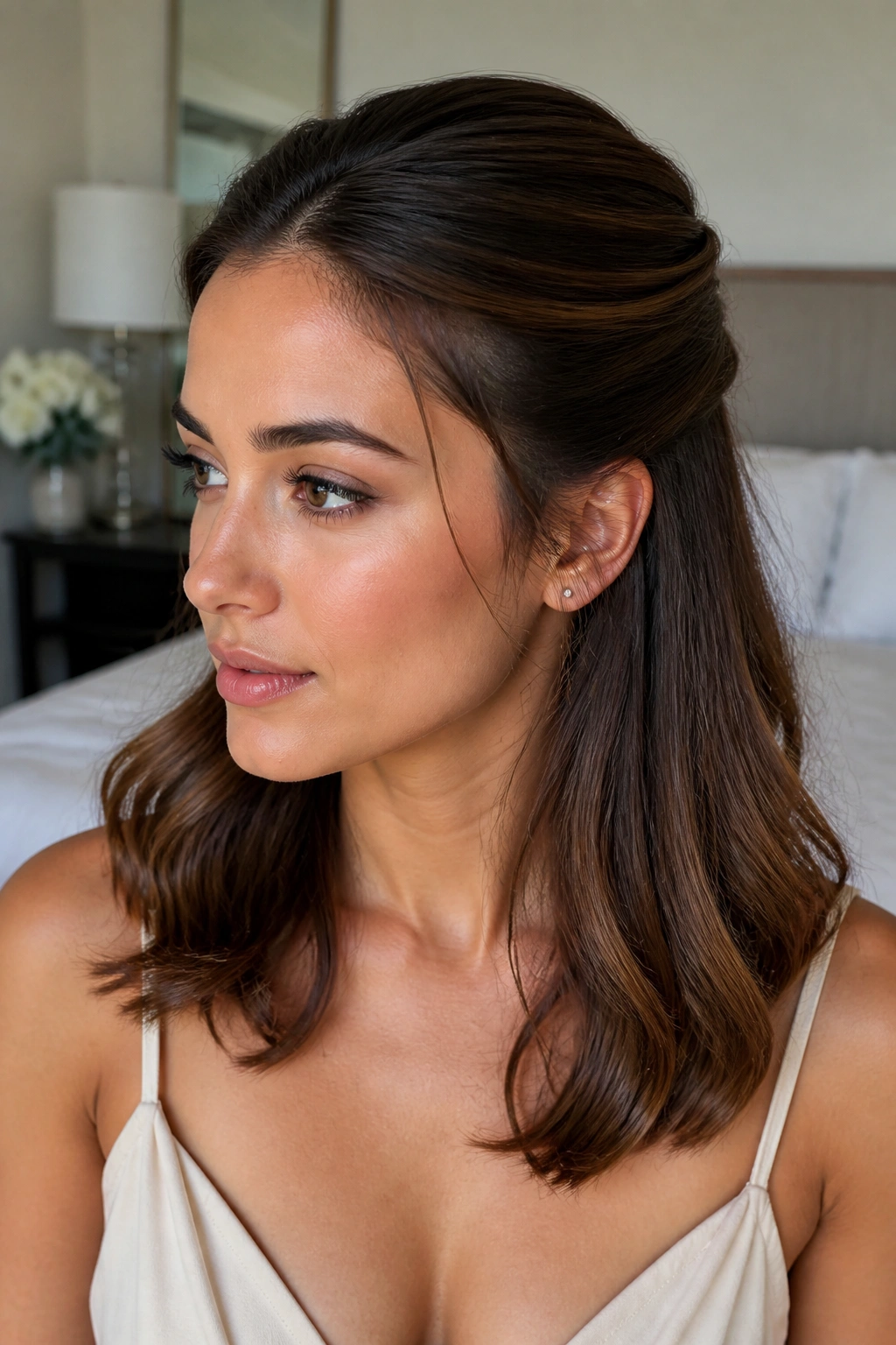 Close-up of a real woman wearing a sleek crown half-up with soft ends.