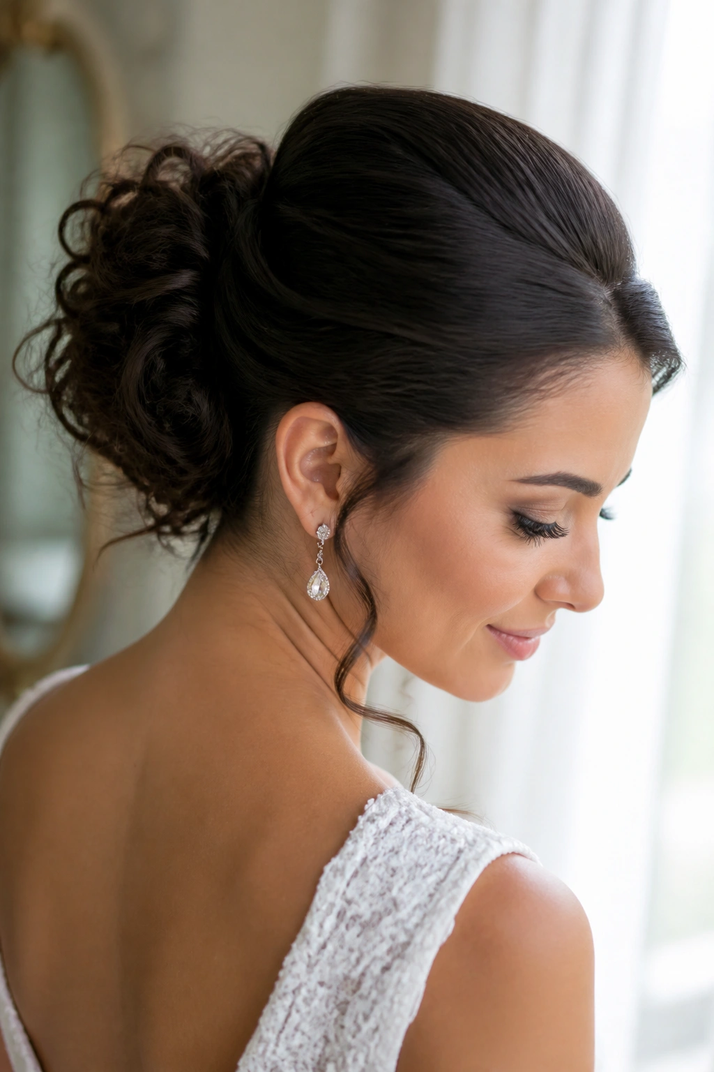 Bride wearing sleek crown hairstyle with textured bun