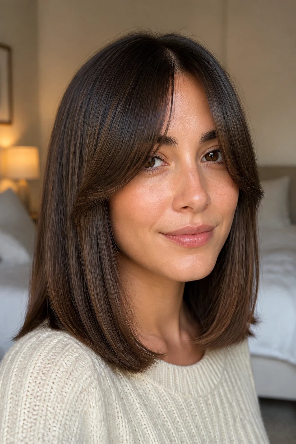 Close-up of a real woman with sleek curtain bangs on straight medium hair in natural window light