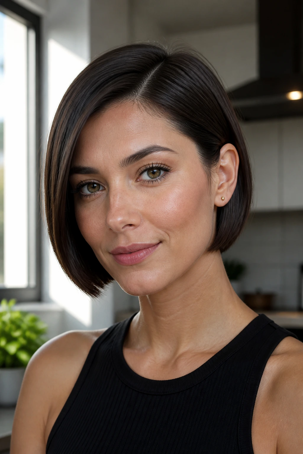 Close-up portrait of a real woman with a sleek ear-length bob in daylight kitchen