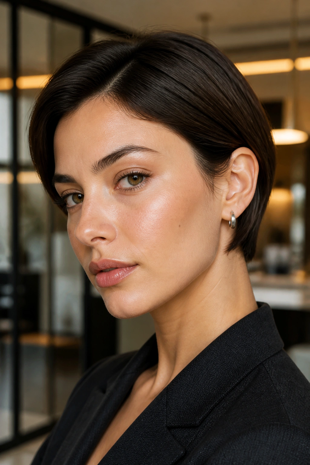 Portrait of a woman with sleek ear-length crop in modern interior.