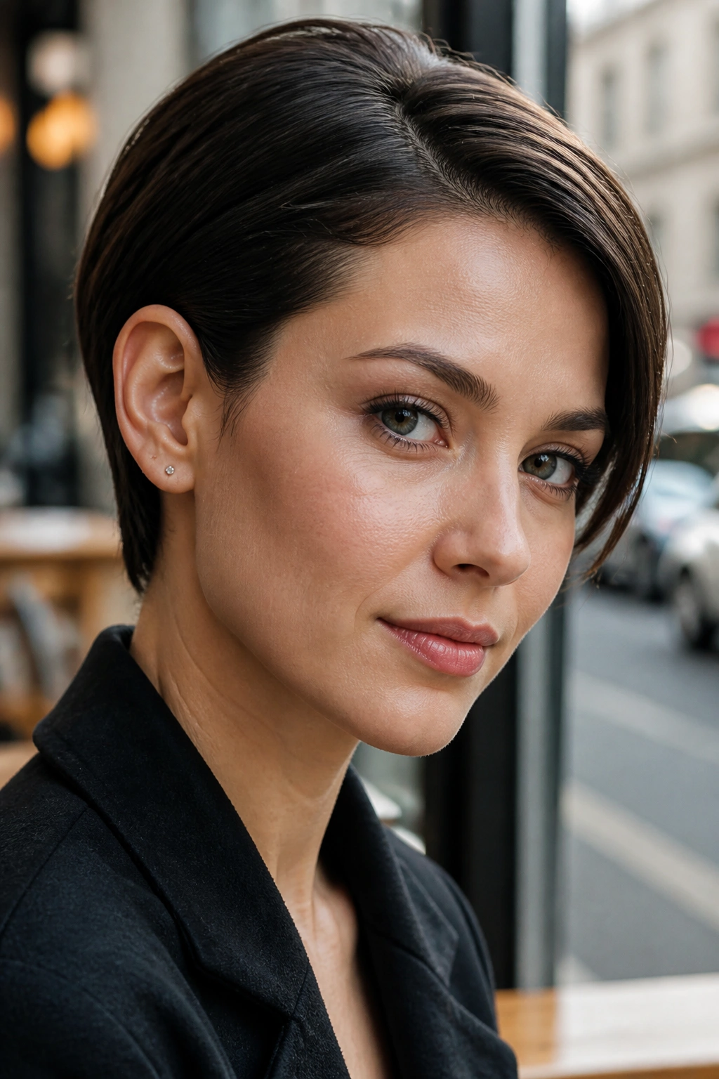 Close-up of a woman with sleek ear-tucked pixie bob.