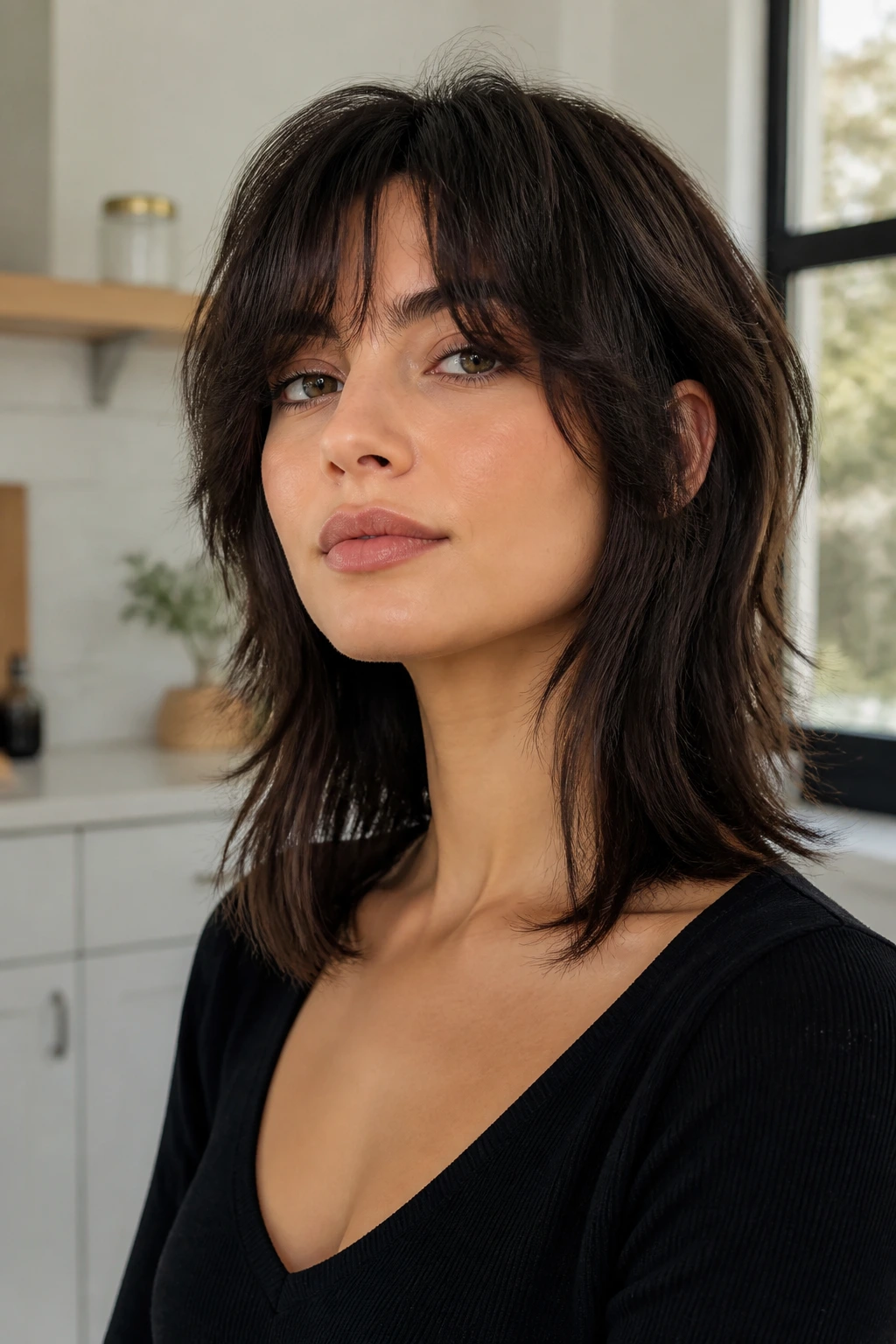 Real woman with sleek-ends wolf cut, top texture and smooth bottom ends in daylight