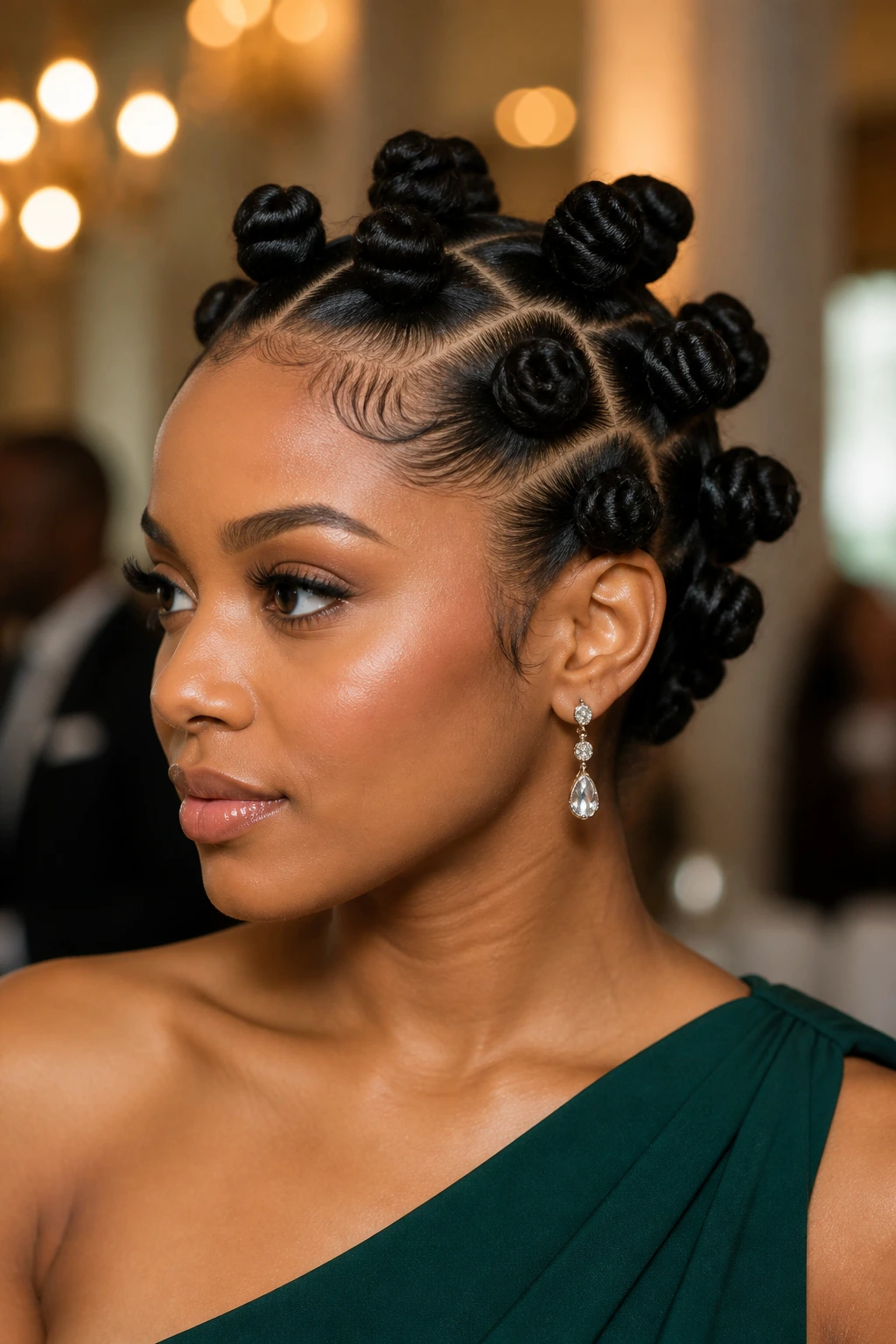 Close-up of a real person with sleek event-ready Bantu knots in a refined setting