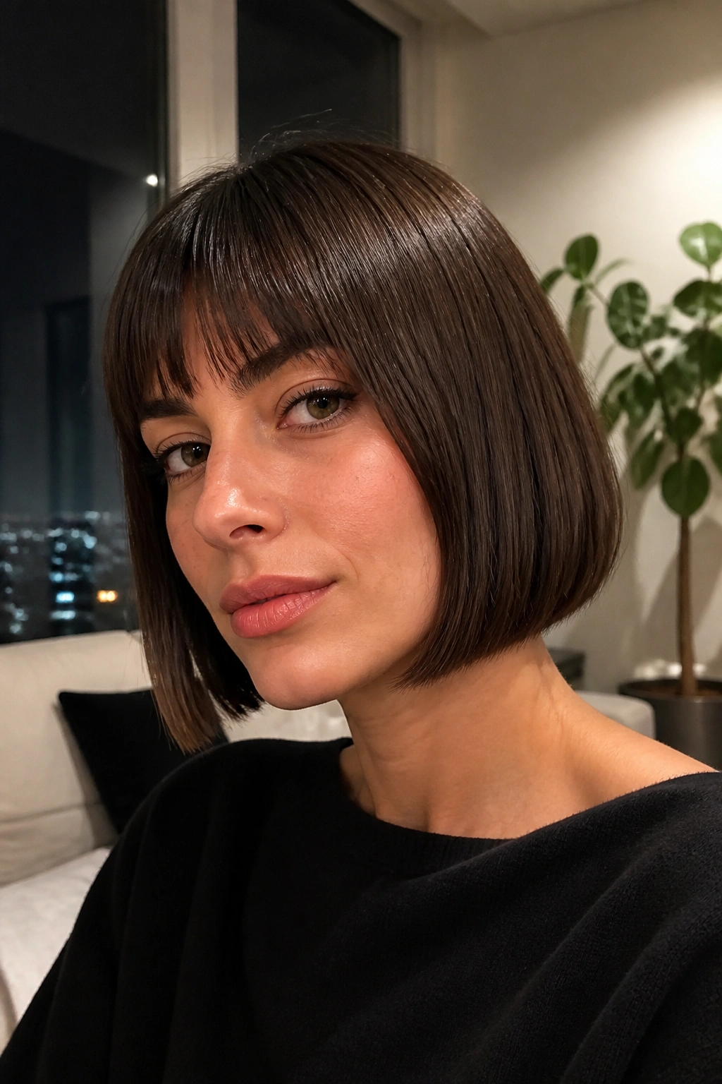 Real woman with sleek polished French bob in a chic living room.