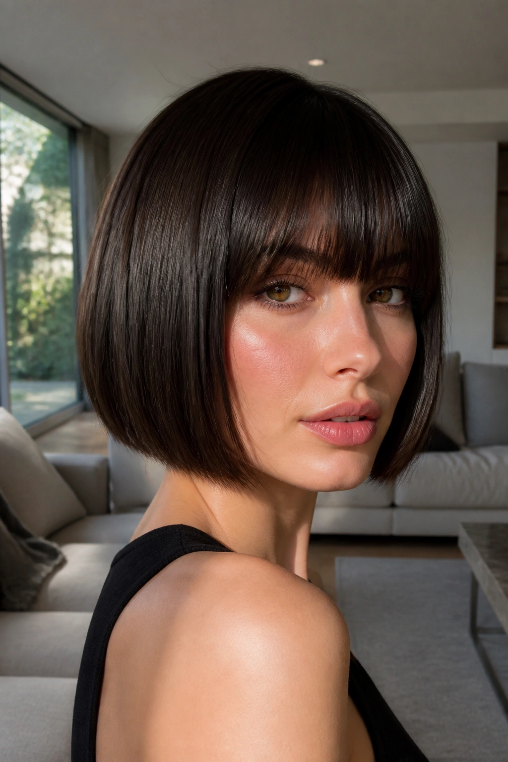 Portrait of a woman with sleek blunt bob and brow-grazing bangs in a bright living room