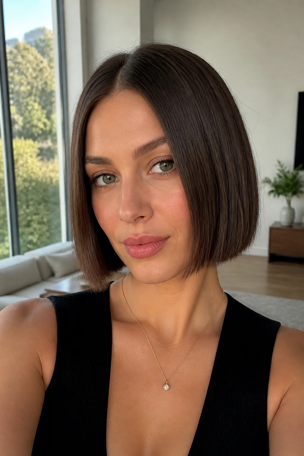 Portrait of a woman with a sleek center-part French bob.