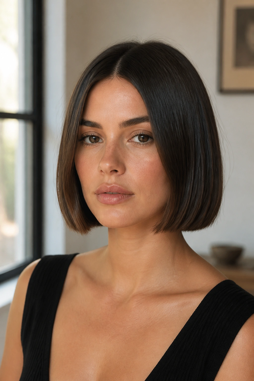 Close-up portrait of a real person with a sleek center-part French bob.