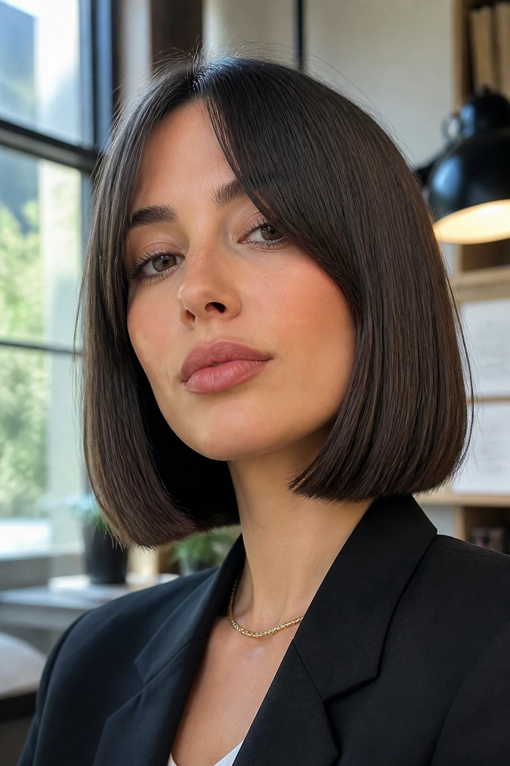Portrait of sleek French bob with split bangs on real woman