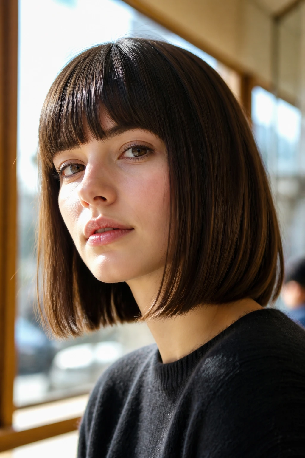 Portrait of woman with sleek French bob and straight fringe in bright cafe light