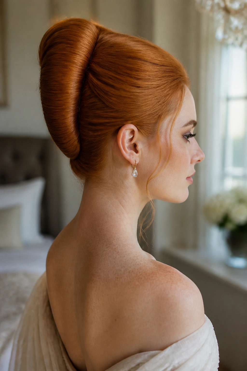 Profile view of a bride showing a sleek French roll down the back