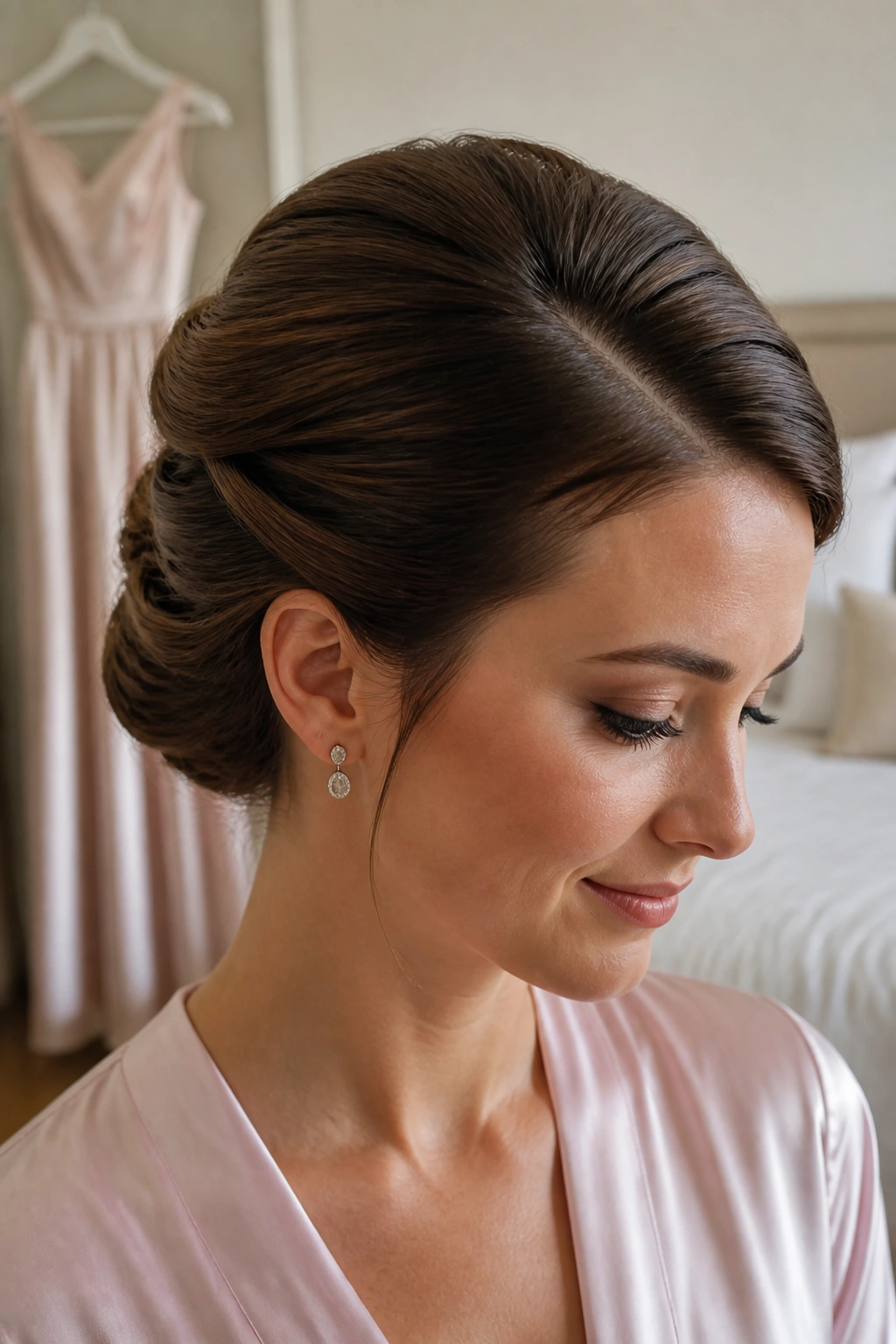 Close-up of real woman with sleek French twist and side part