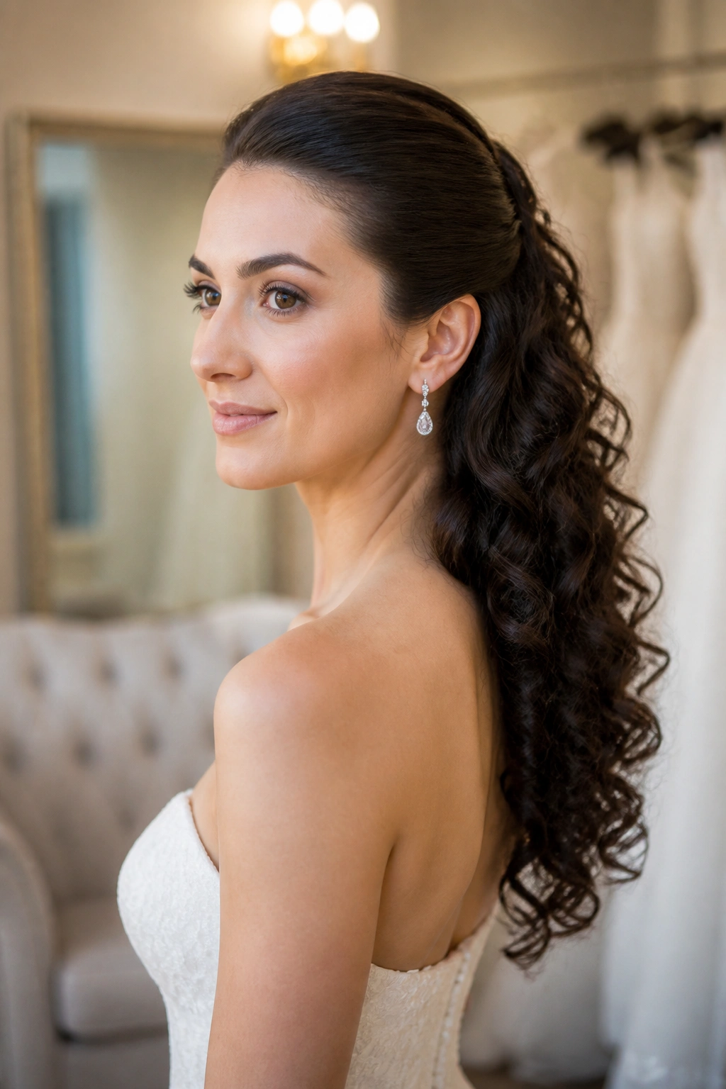Bride with sleek front and curly back cascade hairstyle