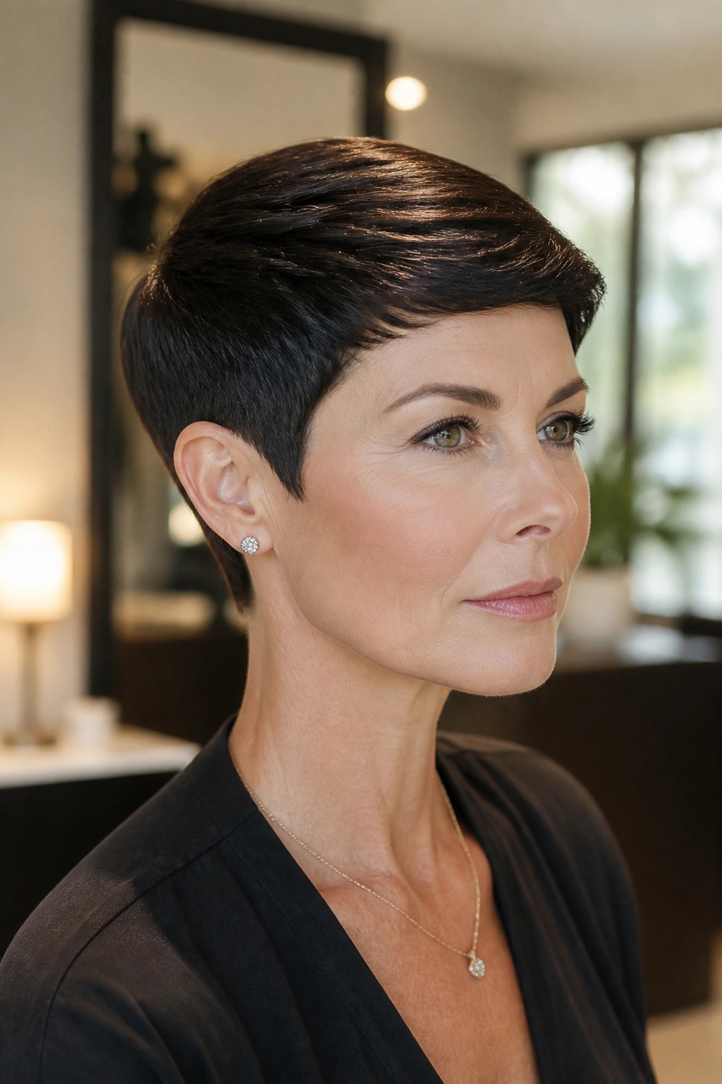 Close-up portrait of a real woman with a sleek glam pixie and glossy finish