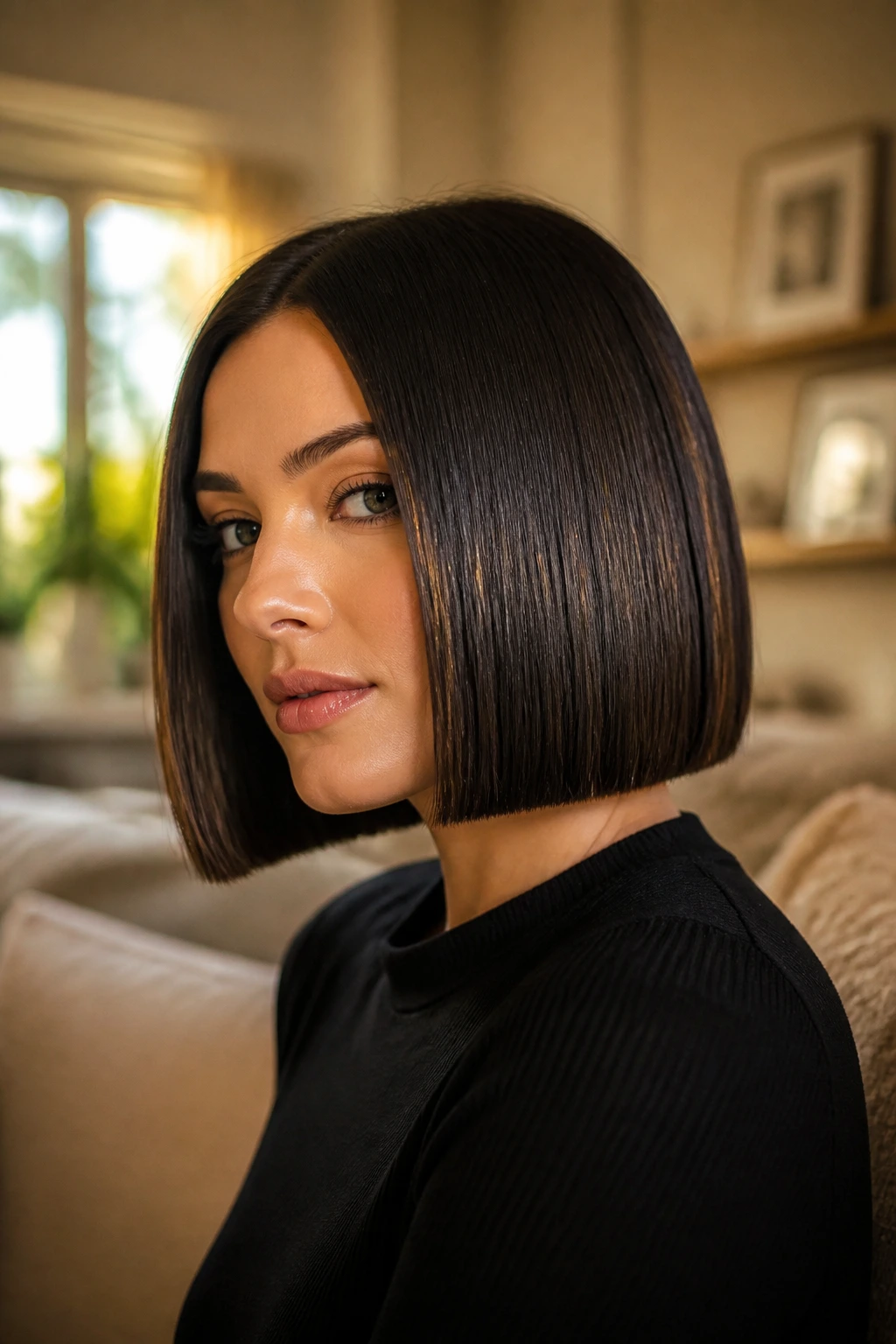 Close-up of a real woman with Sleek Glass Bob featuring blunt ends and glossy finish in warm natural light.