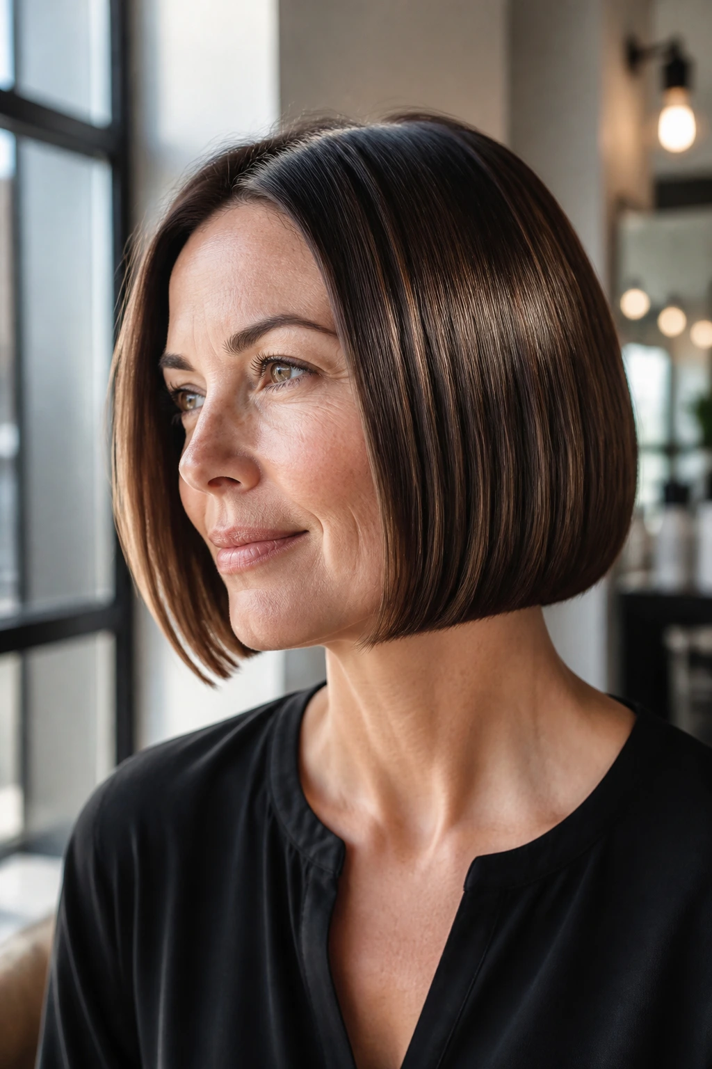 Close-up of a real woman with Sleek Glass Bob showing glossy straight hair and sealed ends.