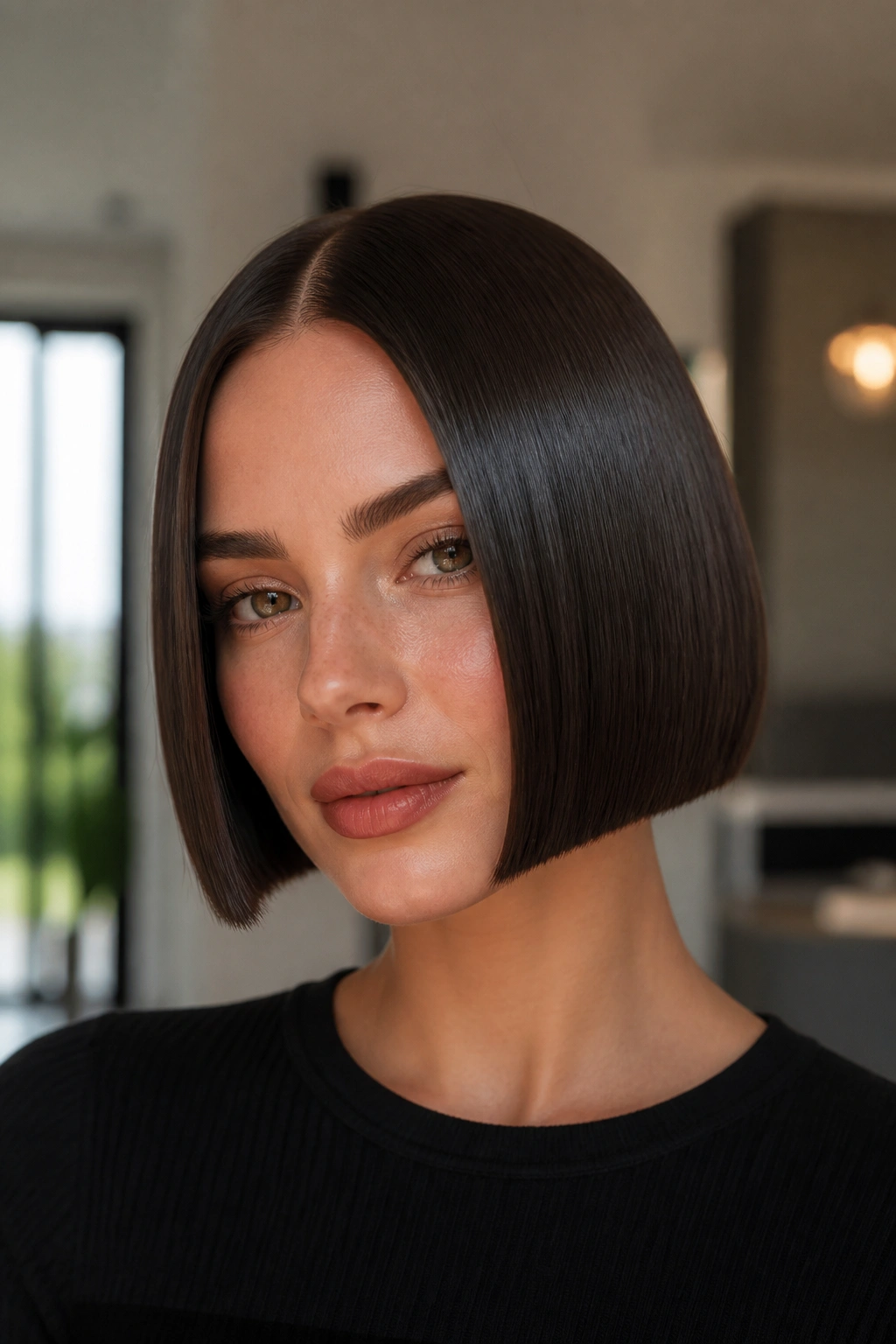 Real woman with sleek glass bob at cheek length under natural light
