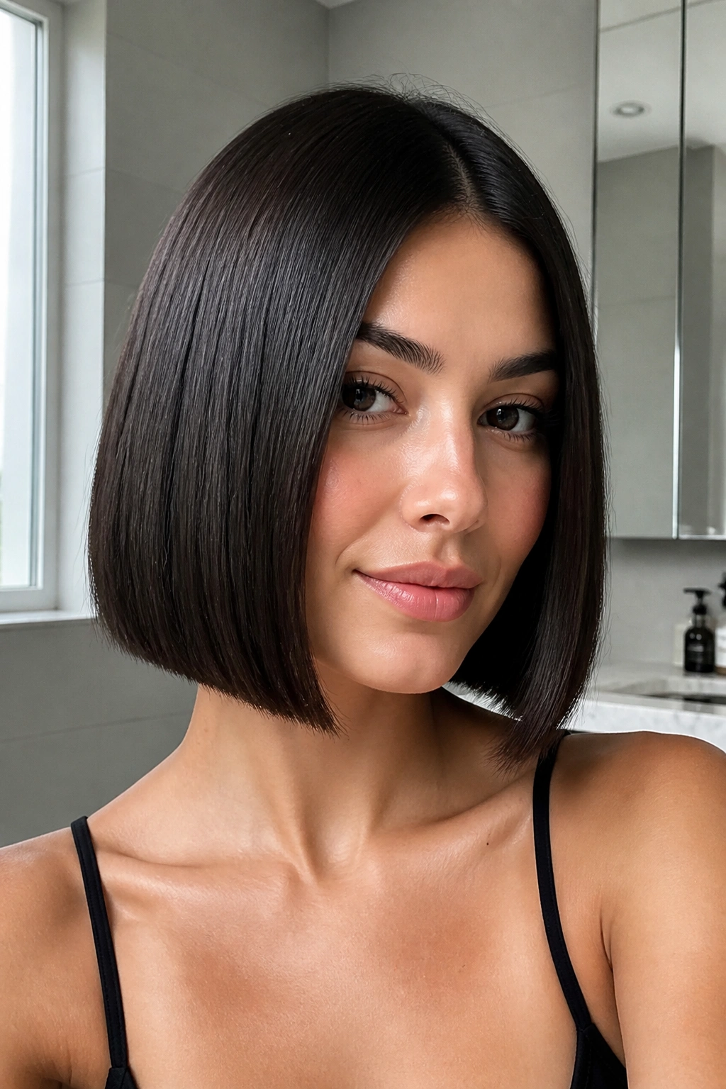 Portrait of a woman with a sleek glossy chin-length bob
